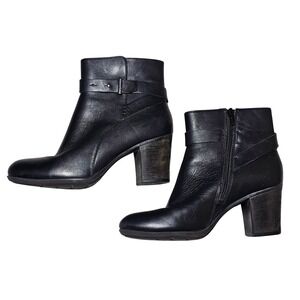 Clarks Black Leather Buckle Zip Ankle Boots Block Heel Women's Size 8
